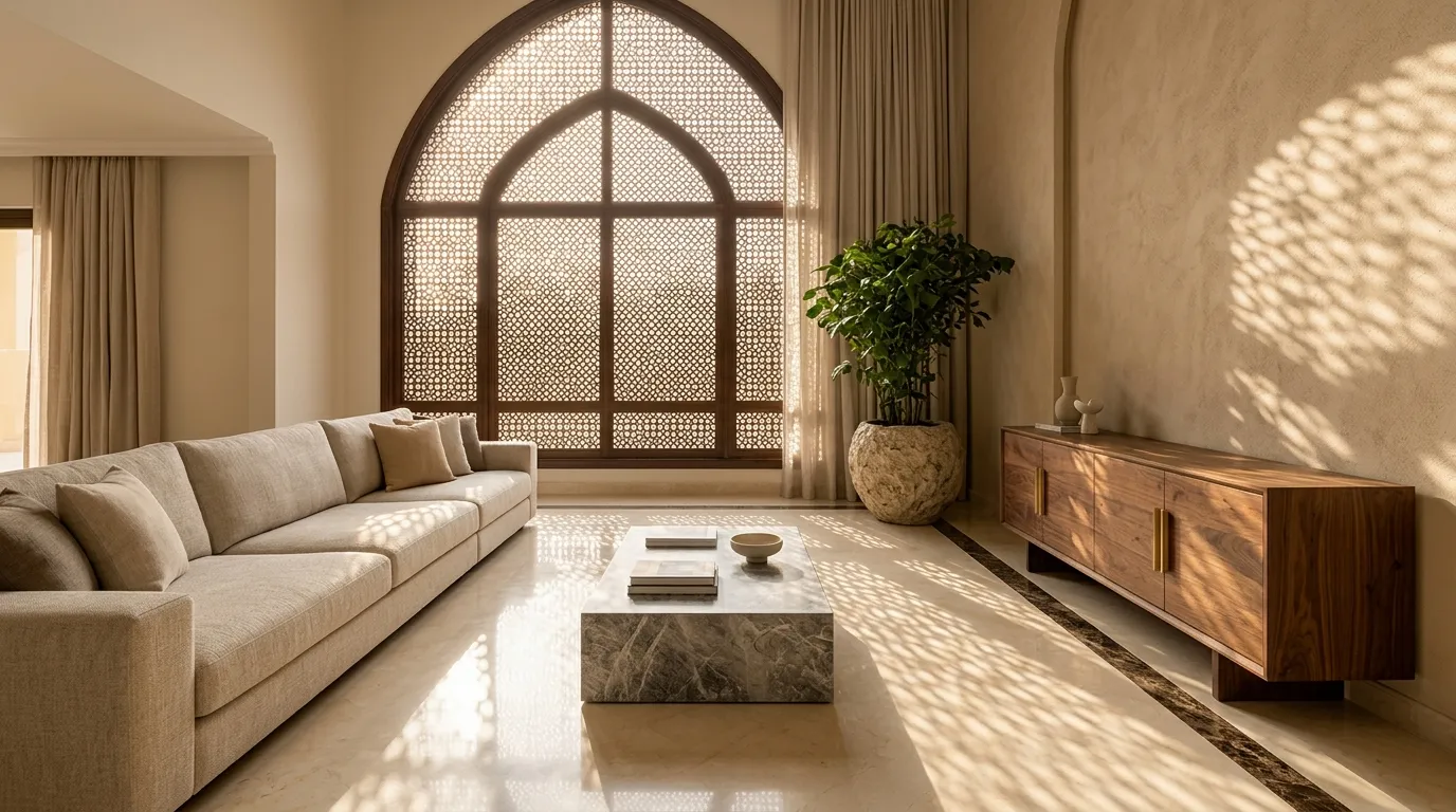 Villa living room with a polished Crema Marfil marble floor and dark border, a grey marble coffee table, a walnut sideboard and an arched window behind a timber mashrabiya screen