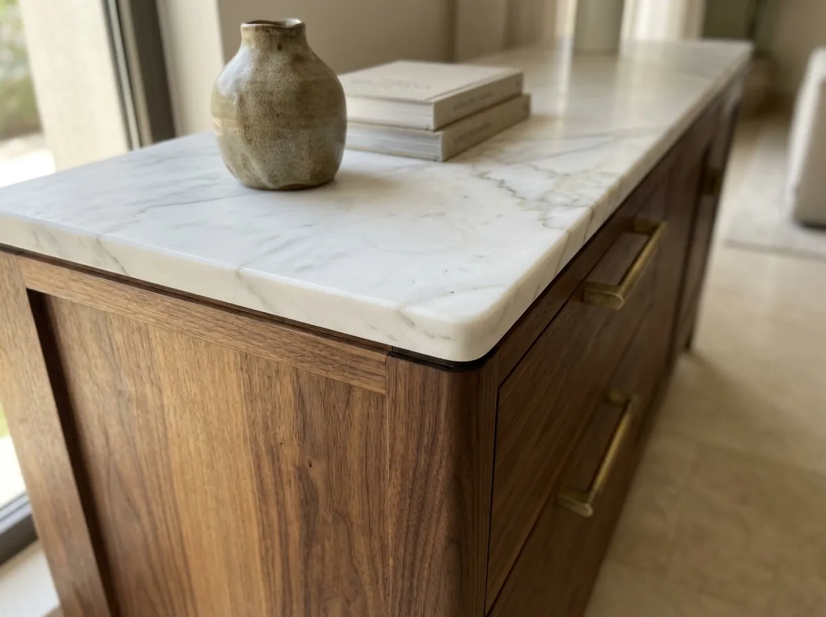 Corner of a walnut sideboard with a honed white marble top and brushed brass pulls