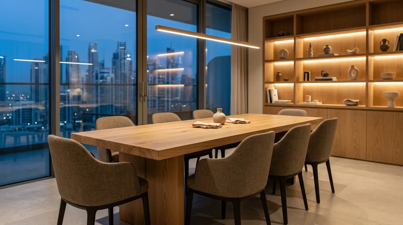 Solid oak dining table with upholstered chairs and built-in oak shelving in a Dubai apartment, with high-rise towers visible through floor-to-ceiling windows at dusk