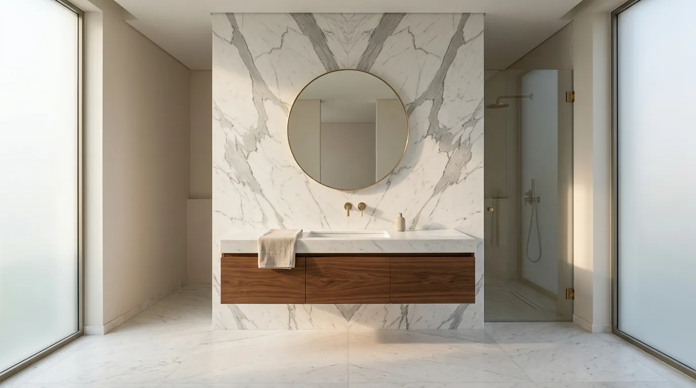 Bathroom with a book-matched Statuario marble wall, a floating walnut vanity with a white marble top and a honed white marble floor